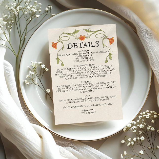 Jugendstil Orange Blume Grüne Hochzeiten Details Begleitkarte (Von Creator hochgeladen)