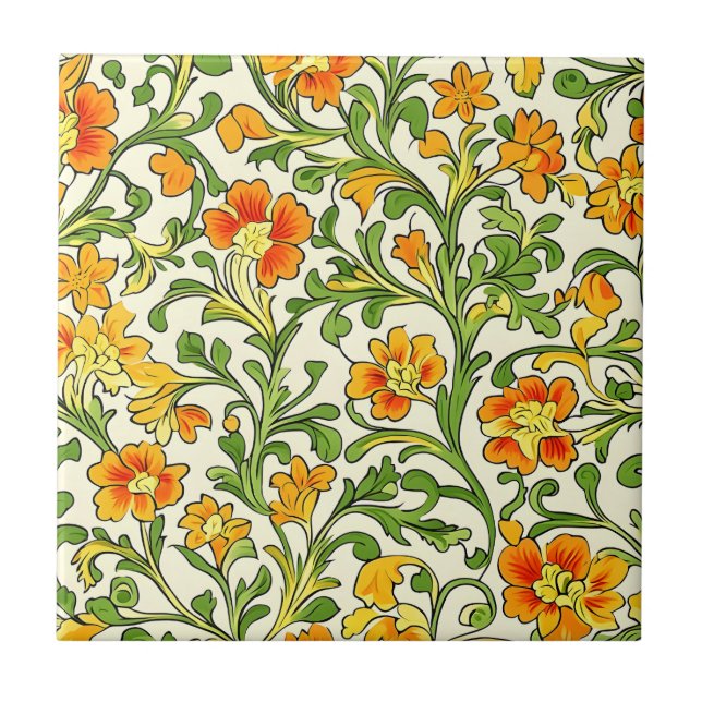 Jugendstil orange-gelbes Blumenmuster  Fliese (Vorderseite)