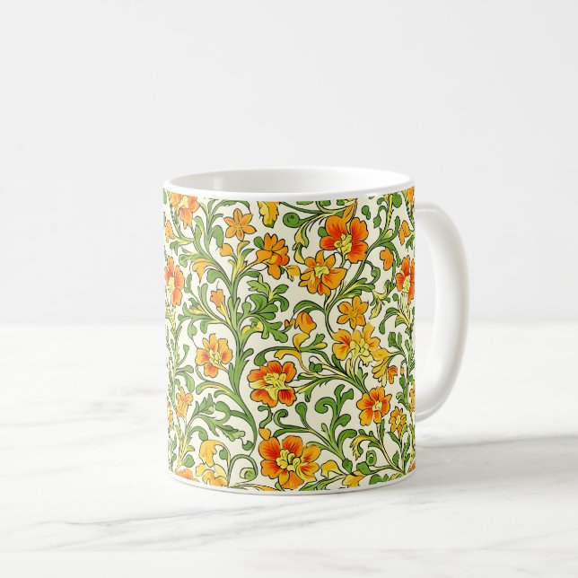 Jugendstil orange-gelbes Blumenmuster Kaffeetasse (VorderseiteRechts)