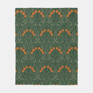 Jugendstil Orange Rosen und geschwungene Stiele Fleecedecke