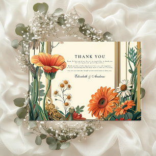 Jugendstil Orangefarbene Hochzeit mit Blumen Dankeskarte