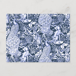 Jugendstil-Pfauen-Druck, Navy und Weiß Postkarte