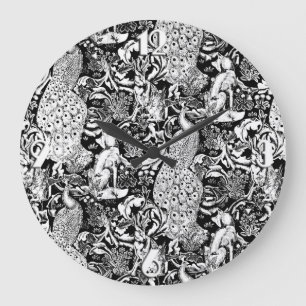 Jugendstil-Pfauen-Druck, Schwarz und Weiß Große Wanduhr