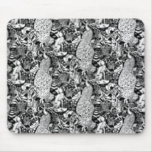 Jugendstil Pfauen Druck, Schwarz und Weiß Mousepad