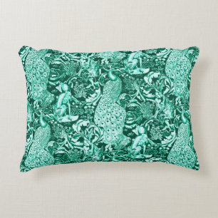 Jugendstil-Pfauen-Druck, Türkis und Aqua Dekokissen