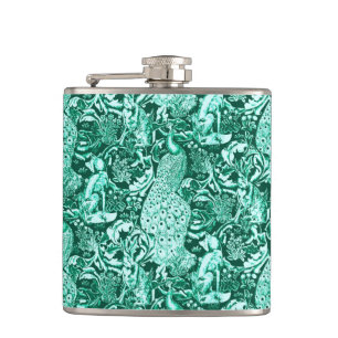 Jugendstil Pfauen Druck, Türkis und Aqua Flachmann