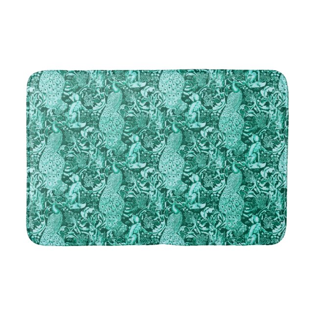 Jugendstil-Pfauendruckerei, Türkis und Aqua Badematte (Vorderseite)
