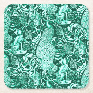 Jugendstil-Pfauendruckerei, Türkis und Aqua Rechteckiger Pappuntersetzer