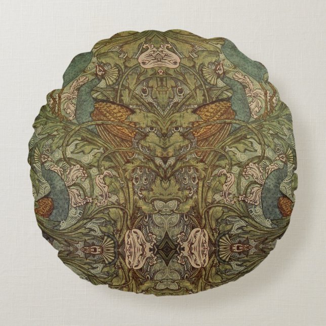 Jugendstil-Pfauenpfau Rundes Kissen (Vorderseite)