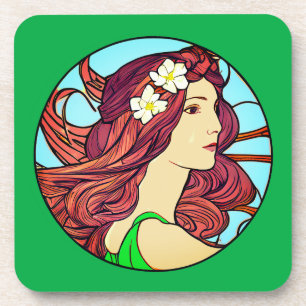 Jugendstil-Portrait einer Frau auf Smaragdgrün Getränkeuntersetzer