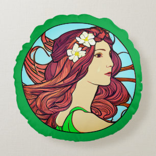 Jugendstil-Portrait einer Frau auf Smaragdgrün Rundes Kissen