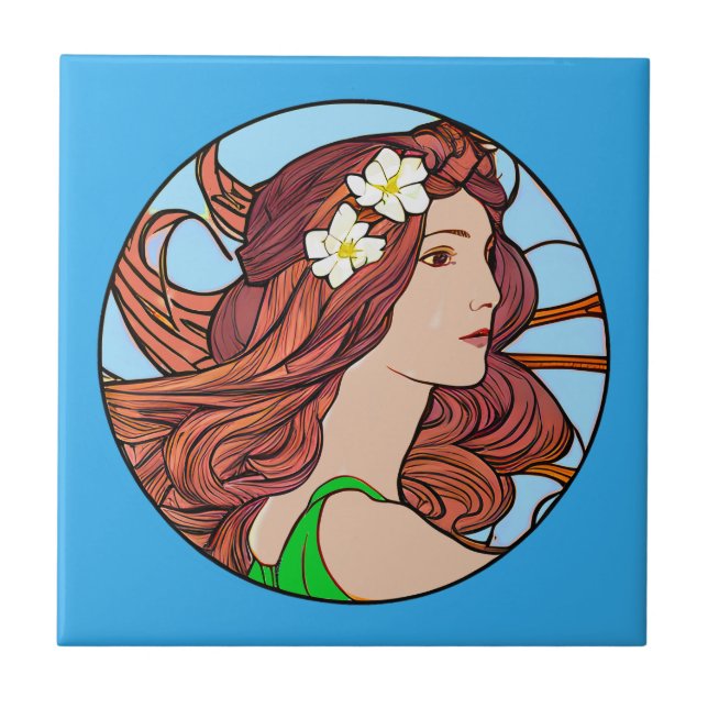 Jugendstil-Porträt einer Frau am Blauen Meer Fliese (Vorderseite)