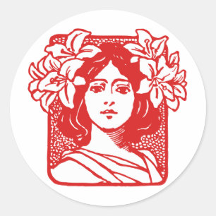 Jugendstil-Porträt einer Frau mit Lilien Runder Aufkleber