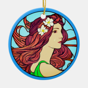Jugendstil-Porträt einer Frau mit roten Haaren Keramik Ornament