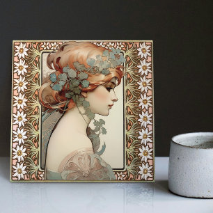 Jugendstil-Porträt einer Frau Mucha Edelweiß-Blume Fliese