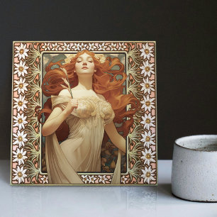 Jugendstil-Porträt einer Frau Mucha Edelweiß-Blume Fliese