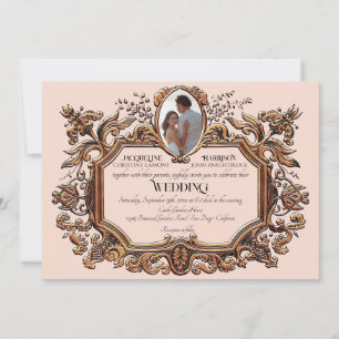 Jugendstil Rokoko Elegante Gold-Rosa-Hochzeitsfoto Einladung