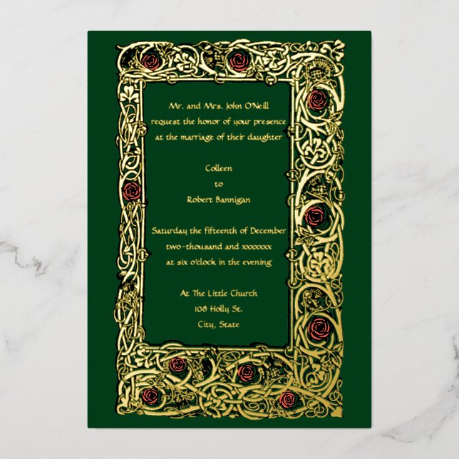 Jugendstil Rose Vine & Clover Border Wedding Folieneinladung (Vorderseite)