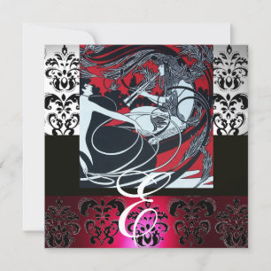 JUGENDSTIL ROT SCHWARZ GRAU SILBER DAMAST MONOGRAM EINLADUNG