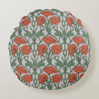 Jugendstil-Roter-Mohn-Blumenprint Rundes Kissen