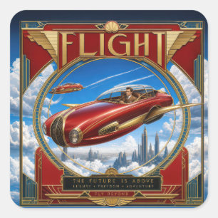 Jugendstil rotes fliegendes Auto Quadratischer Aufkleber