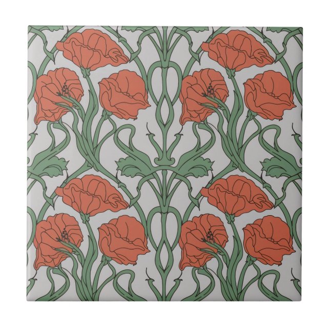 Jugendstil-Rotmohn-Blumenmuster Fliese (Vorderseite)