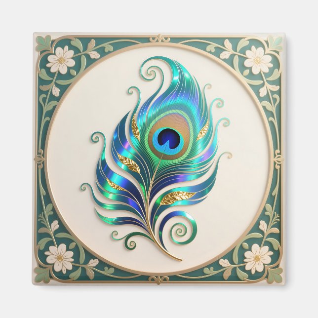 Jugendstil Schillernde Pfauenfeder Magnet (Vorne)