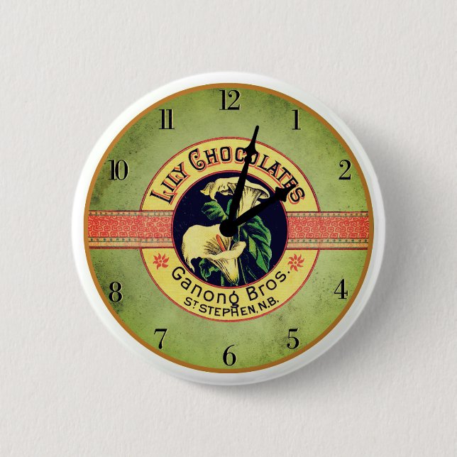 Jugendstil-Schokoladenwerbeuhr Button (Vorderseite)