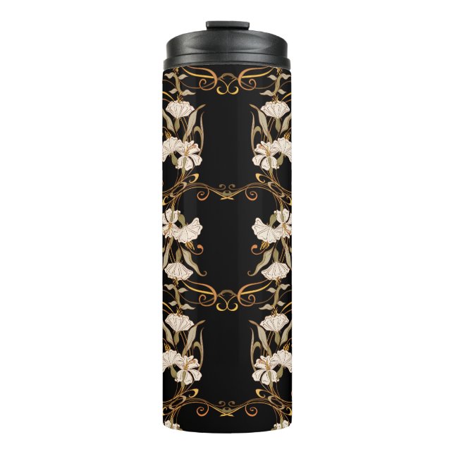 Jugendstil: Schwarz-Gold Vintag. Thermosbecher (Vorderseite)