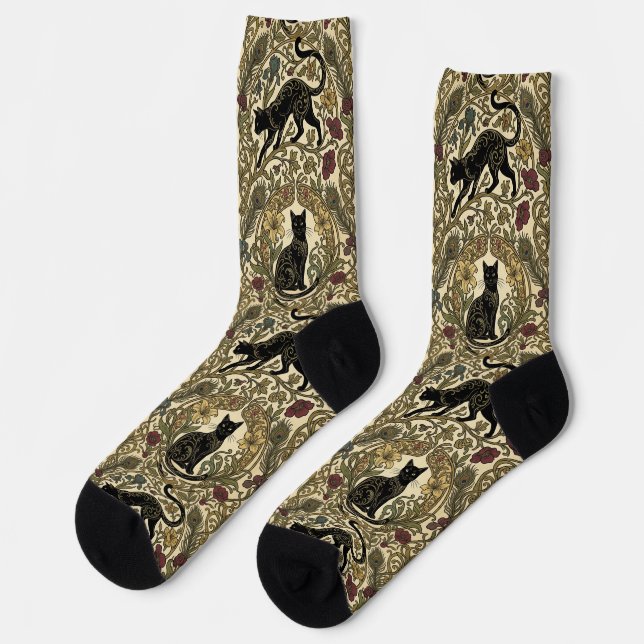 Jugendstil Schwarze Katzen Socken (Linkes Detail)