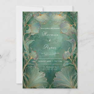 Jugendstil Smaragdgrün Gold Ginkgo Blatt Hochzeit Einladung
