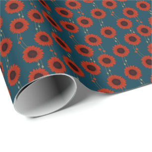 Jugendstil-Sonnenblume Retro-Blumenstreifen Rot Geschenkpapier