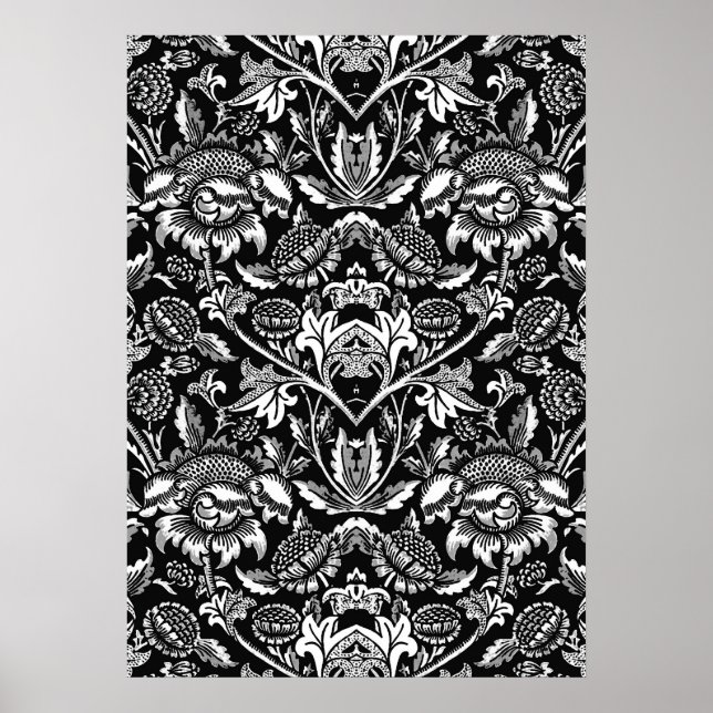 Jugendstil-Sonnenblumen, Schwarz, Weiß und Grau Po Poster (Vorne)