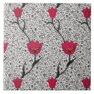 Jugendstil-Tulpen-Damaskus, Grau und Rot Fliese