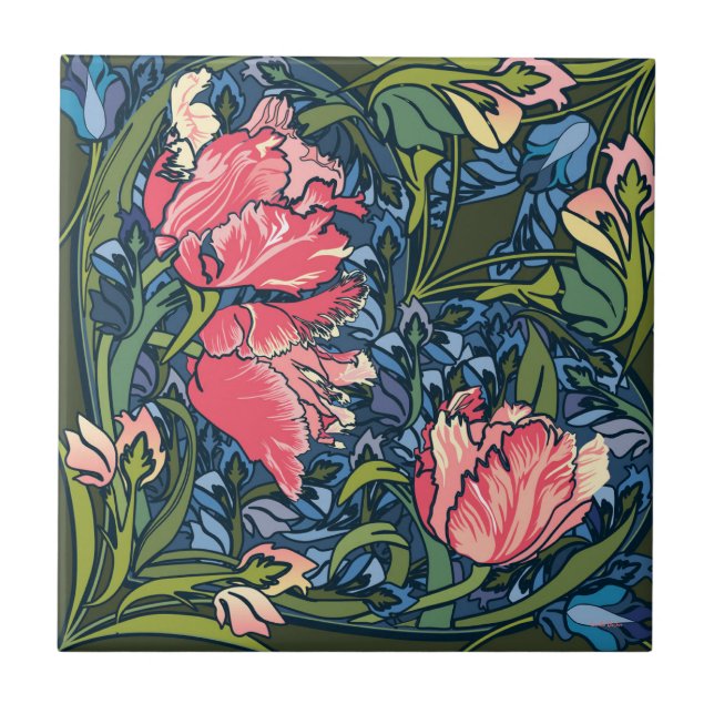 Jugendstil-Tulpen-Garten Farbexplosion Fliese (Vorderseite)