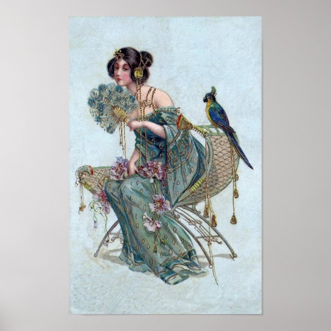 Jugendstil-Vintage Elegantendame mit Papagei Poster (Vorne)