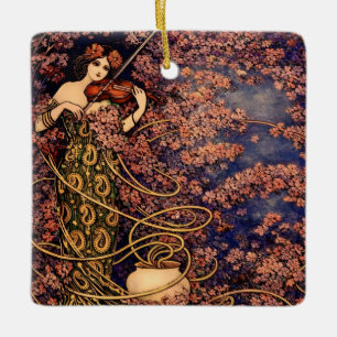 Jugendstil-Violinistin in Blüten – Vintage Floral Keramikornament