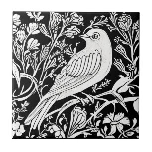 Jugendstil-Vogel auf einem Ast mit Blumen in Weiß Fliese