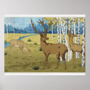 Jugendstil-Wald mit Hirschen Maurice Verneuil Kuns Poster