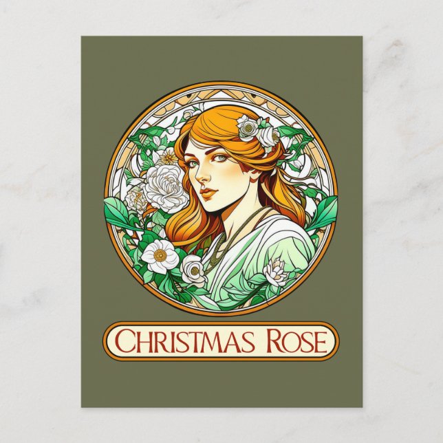 Jugendstil Weihnachtsfrau Rose Postkarte (Vorderseite)
