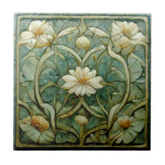 Jugendstil, weiße Blumen, dekoratives Blau Fliese