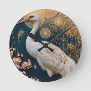 Jugendstil Weißer Kranich mit Kirschblüten Runde Wanduhr