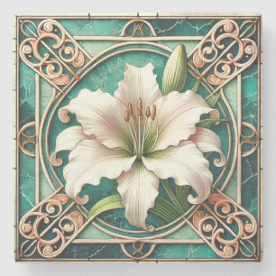 Jugendstil weißes Lilienblumenmotiv Steinuntersetzer