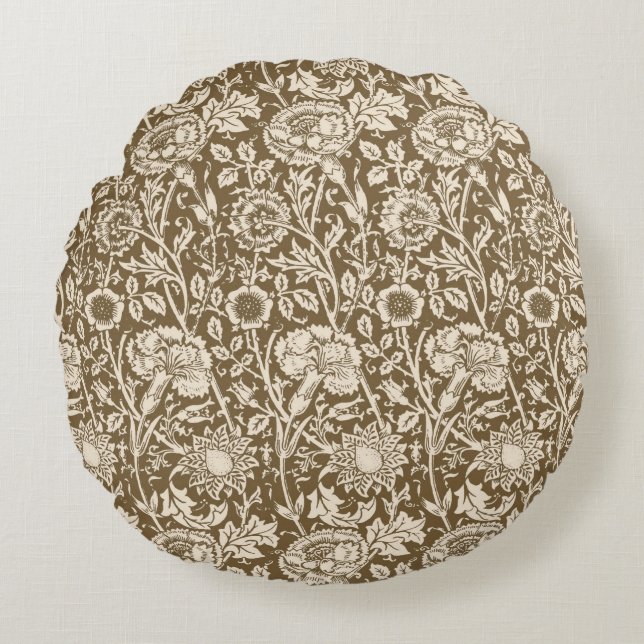Jugendstilgarni Damask, Taupe und Creme Rundes Kissen (Vorderseite)