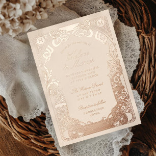Jugendstilrahmen Monogramm Hochzeit Pfirsichrose Folieneinladung