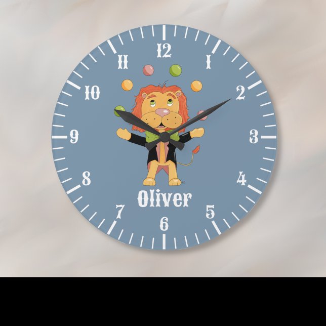 Juggling Lion Kid Blue Wall Clock Große Wanduhr (Cute clock personalized with a kid's name featuring a circus lion juggling some balls )