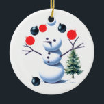 Juggling Snowman Christmas Baubles Keramik Ornament<br><div class="desc">Sogar Schneemänner besitzen Talente; stellen Sie sich einen Schneemann vor,  der mit Zweiarmen experimentell lebendige Weihnachtsbaubles jongliert und versucht,  keinen Fall lassen. Es ist eine spielerische und charmante Dekoration für Ihren Weihnachtsbaum.</div>