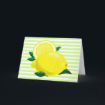 Juicy Lemons Card Karte<br><div class="desc">Dieses Design besteht aus zwei Zitronen (einer halbiert) auf einem hellgrünen,  horizontalen Streifen Hintergrund.</div>