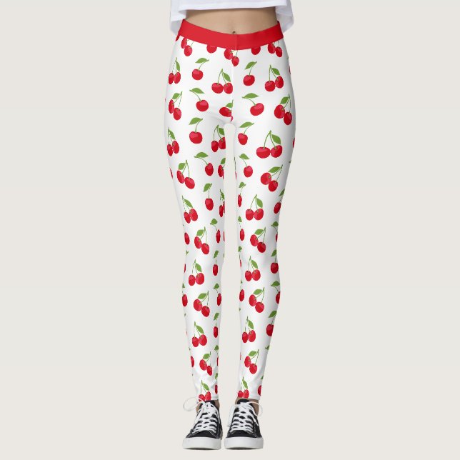 Juicy Red Cherries Red and White Gemustert Leggings (Vorderseite)