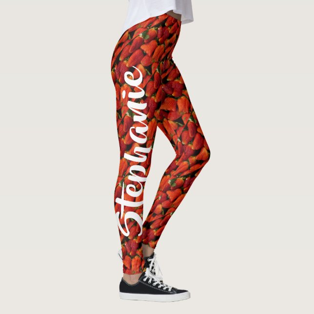 Juicy Red Ripe Erdbeeren, Personalisierter Name Leggings (Rechts)